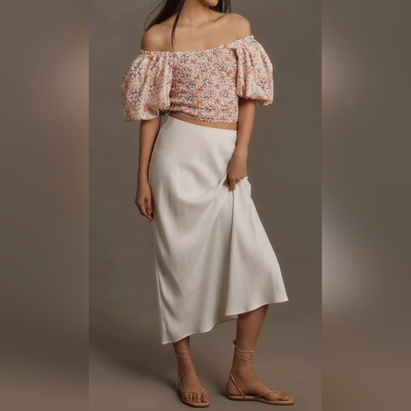 DOLAN Anthropologie Off-Shoulder Puff Sleeve Textured Top, Orange Pattern, XL - Picture 6 of 13